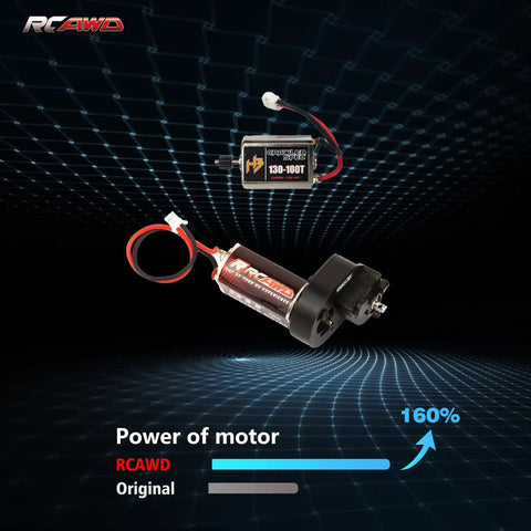 160 Percent Power Upgrade Motor 180 Size With 51T Transmission Gearbox For One Eighteen Hobbyplus CR18P EVO Rock Van Trail Hunter Series Upgrades Silver shown with power comparison diagram