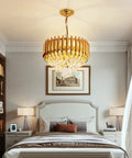 Gold Finish Modern Luxury Crystal Pendant Light Chandelier, Round Flush Mount Ceiling Fixture With Glass Prisms, E12 X 4 Bulbs Not Included, Perfect For Living Room, Dining Area, Kitchen Island, And Restaurants in bedroom setting