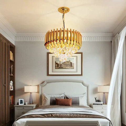 Gold Finish Modern Luxury Crystal Pendant Light Chandelier, Round Flush Mount Ceiling Fixture With Glass Prisms, E12 X 4 Bulbs Not Included, Perfect For Living Room, Dining Area, Kitchen Island, And Restaurants in bedroom setting
