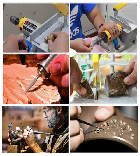 Mini Table Saw For Rock And Jewelry Making With Flexible Shaft 0 To 10000 RPM in use on wood and rock projects.
