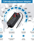 Adjustable Universal Power Supply 3V To 24V 3A 72W AC DC Switching Adapter With 5.5x2.1mm Plug, displaying voltage settings and safety icons.