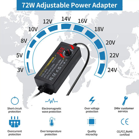 Adjustable Universal Power Supply 3V To 24V 3A 72W AC DC Switching Adapter With 5.5x2.1mm Plug, displaying voltage settings and safety icons.