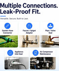 Collage of 90 Piece Rubber Garden Hose Washer Kit in use with garden hose, faucet adapter, pipe seal, and appliance connections.