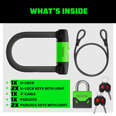 Heavy Duty Bike Lock Set With U Lock, 4Ft Steel Security Cable, Padlock And Four Lighted Keys For E Bikes, Motorcycles