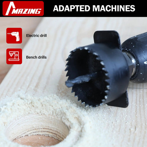 Close-up of Pro Grade Hole Saw Kit 19-Piece Set with 3/4 Inch to 5 Inch blades drilling into wood with an electric drill