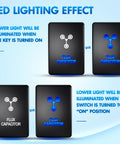 Flux Capacitor Push Button Switch 12V LED SPST With Wire Kit showing LED lighting effects on and off positions