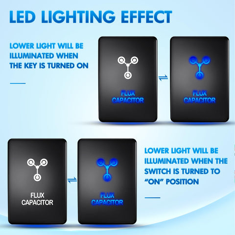 Flux Capacitor Push Button Switch 12V LED SPST With Wire Kit showing LED lighting effects on and off positions
