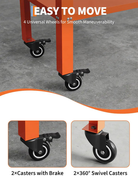 Robust Mobile Welding Workbench Featuring Perforated Steel Top And Easy Rollin Casters 36 Inch Heavy Duty Shop Table Holding 1200 Lbs, showcasing 4 universal wheels for easy maneuverability.