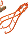 Four-claw orange log grapple with swivel joints; heavy-duty timber lifting tongs for tractors