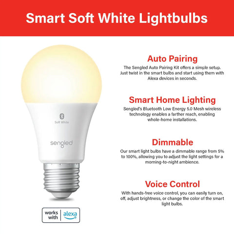 Alexa Ready Smart Light Bulbs 100W Equivalent A19 LED, 1500 Lumens, Dimmable, Bluetooth Mesh, No Hub Required, Warm 2700K, Works With Alexa, 4 Pack for Easy Setup, Bright Home Vibes image of a single illuminated bulb with description text about features like auto pairing and voice control