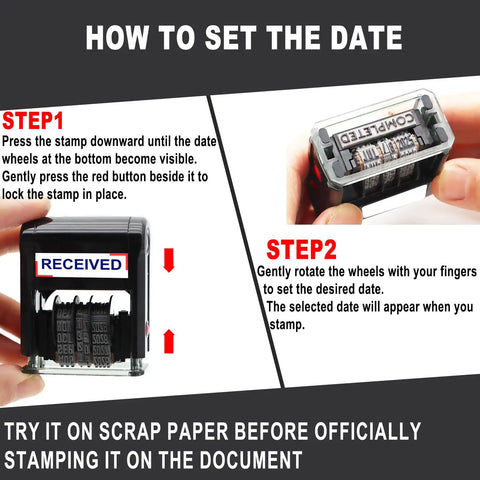 How to set the date on a Premium Self Inking Date Stamp With Blue And Red Ink Perfect For Received Docs, showing steps in use.