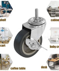 Top Shelf 3 Inch TPR Threaded Stem Castors 5 16 18 X 1 Set Of 4 shown on various furniture like desk, cart, and cabinet.