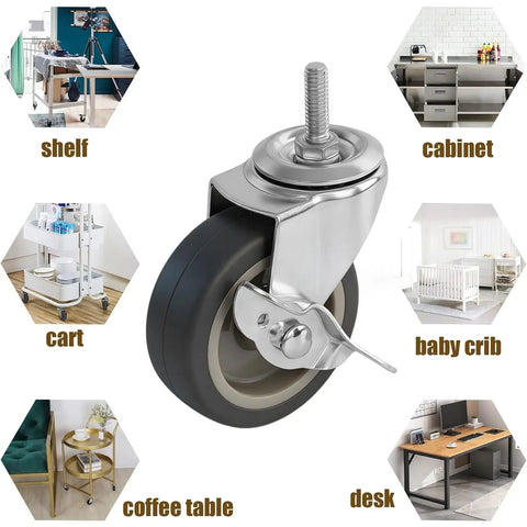 Top Shelf 3 Inch TPR Threaded Stem Castors 5 16 18 X 1 Set Of 4 shown on various furniture like desk, cart, and cabinet.