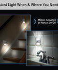 UpDown Wireless Motion Sensing LED Light in white finish mounted on stairs and bathroom tile, detects movement up to 10 feet