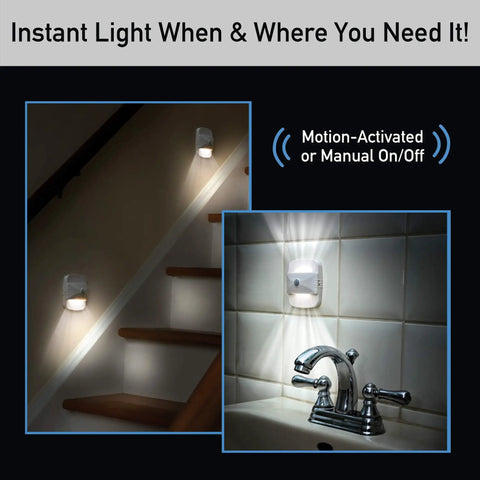 UpDown Wireless Motion Sensing LED Light in white finish mounted on stairs and bathroom tile, detects movement up to 10 feet