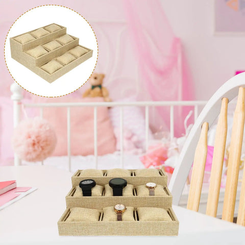 Sleek Mens Watch Organizer And Jewelry Display Tray, Soft Linen Multi Grid Pad With Fluffy Cushion For Rings, Khaki Desk Storage Caddy.