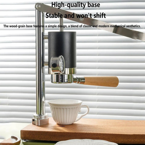 Badass Stainless Steel Manual Lever Espresso Maker With Integrated Pressure Gauge showing wood-grain base and dial gauge.
