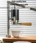 Portable Manual Espresso Maker With Stainless Steel Lever And Precision Pressure Gauge For Rich Extraction Of Espresso And Latte Road Ready Build Delivers Straight Up Quality Shots And Real Deal Flavor Everyday, with wood-grain base and pressure gauge.