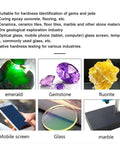 Pro Grade Mohs Hardness Tester Kit With Dual Head Design And Storage Box For Gems And Ceramics Crystal Crafted Accuracy Non Slip Grip Measures 2 3 4 5 6 7 8 9 Mohs Scale System, gems, glass, marble use chart