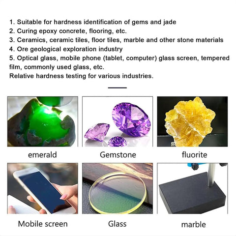 Pro Grade Mohs Hardness Tester Kit With Dual Head Design And Storage Box For Gems And Ceramics Crystal Crafted Accuracy Non Slip Grip Measures 2 3 4 5 6 7 8 9 Mohs Scale System, gems, glass, marble use chart