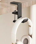 Aluminum Alloy Headphone Stand For Desk Mount, Under Desk Headset Holder And Hook attached to wooden desk