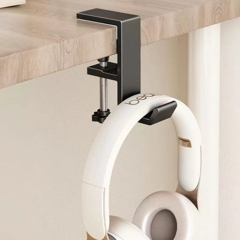Aluminum Alloy Headphone Stand For Desk Mount, Under Desk Headset Holder And Hook attached to wooden desk