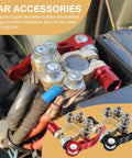 4 Way Car Battery Terminal Connector With Quick Release Clip installed on car battery, illustrates copper tin construction and corrosion resistance.