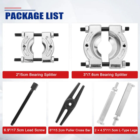 Components of Beefy Heavy Duty Bearing Puller Set For Wheels And Hubs 5 Ton Capacity 14 Piece Bearing Separator Puller Kit With 2 Inch And 3 Inch Jaws