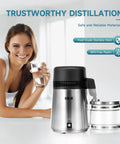 Woman with 4L Brushed Stainless Steel Tabletop Water Distiller With Glass Pot, Home Distiller For Clean Purified Water In Minutes.