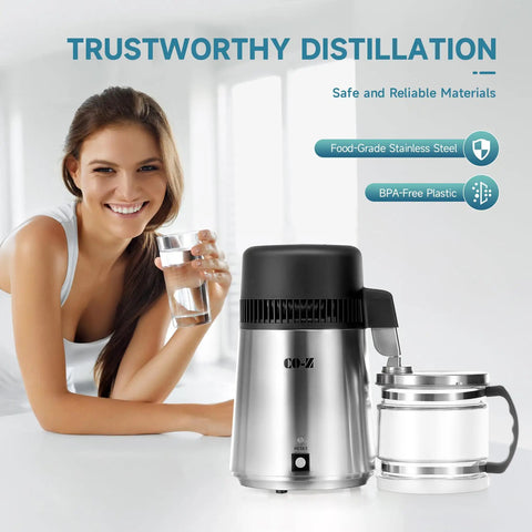 Woman with 4L Brushed Stainless Steel Tabletop Water Distiller With Glass Pot, Home Distiller For Clean Purified Water In Minutes.
