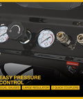 29 Gallon Portable Air Compressor With 2.5 HP Motor, 120 Volt Power, 175 PSI Max, gauge panel with dual gauges and quick couplers