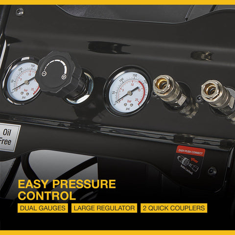 29 Gallon Portable Air Compressor With 2.5 HP Motor, 120 Volt Power, 175 PSI Max, gauge panel with dual gauges and quick couplers