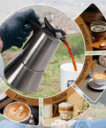 Person pouring coffee from Electric Aluminum Moka Pot For 5 To 6 Cup Espresso Maker With Detachable Base, surrounded by drink options.