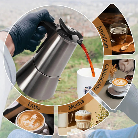 Person pouring coffee from Electric Aluminum Moka Pot For 5 To 6 Cup Espresso Maker With Detachable Base, surrounded by drink options.