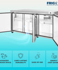 72 Inch 3 Door Undercounter Commercial Refrigerator Packing 16 6 Cubic Feet Of Cooling Space built with stainless steel and open doors.