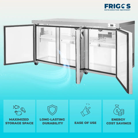 72 Inch 3 Door Undercounter Commercial Refrigerator Packing 16 6 Cubic Feet Of Cooling Space built with stainless steel and open doors.