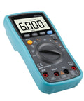 No Nonsense 6000 Count Digital Multimeter With True Rms Auto Manual Ranging For Capacitance Temperature AC DC Voltage And Current Test. Display screen shows 6000 counts.