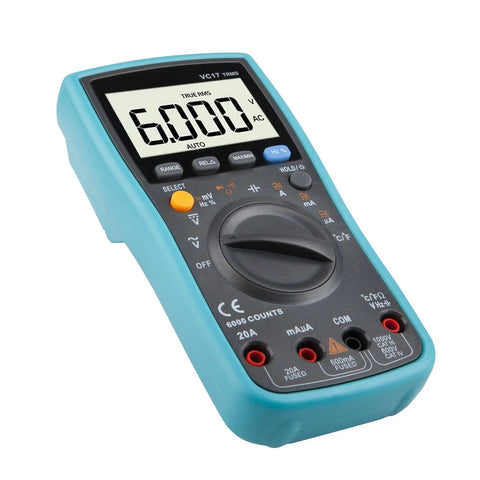 No Nonsense 6000 Count Digital Multimeter With True Rms Auto Manual Ranging For Capacitance Temperature AC DC Voltage And Current Test. Display screen shows 6000 counts.