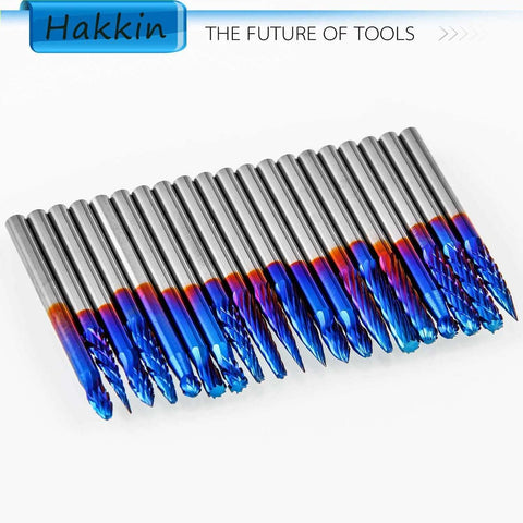 20pc Hakkin carbide burr set with 1/8" shank, blue-coated ball-nose double-cut end mills