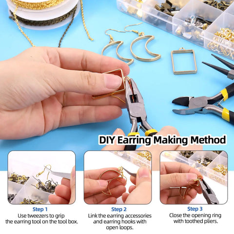 All In One Jewelry Making Kit With Pliers, Findings, Beading String And Copper Wire, 1468Pcs, showing tools and earring making process.