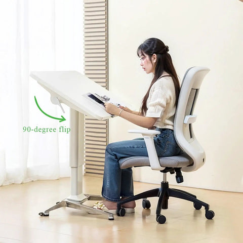 No Sweat Adjustable Height Rolling Drafting Desk With Flip Top And Book Stop Lightweight White Mobile Workstation Craft Table For Home Office in use with a 90-degree flipped top.