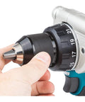 Close-up of an all-metal chuck on 18V LXT Brushless Cordless Hammer Drill Driver One Half Inch Chuck, Variable Speed, Tool Only, Renewed.