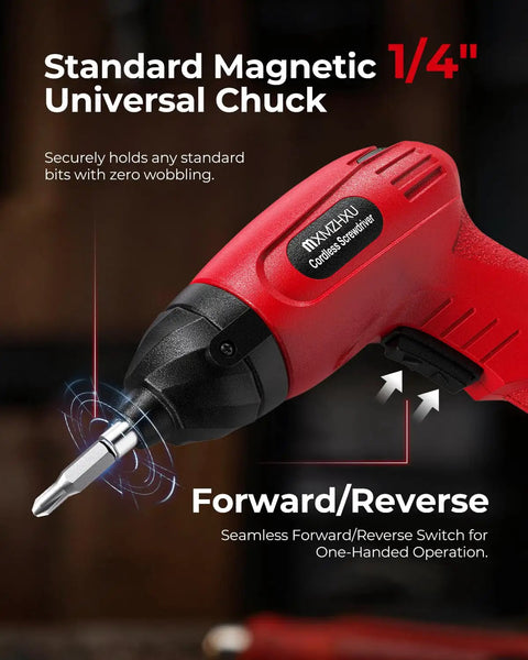 Compact 3.6V Cordless Screwdriver Kit With 50 Piece Bit Set Rechargeable 6 Nm Torque TypeC Fast Charging In 1.5 Hours Lightweight Workhorse Power Tool For Furniture Assembly And Home DIY Red, 1/4-inch magnetic chuck and forward/reverse switch