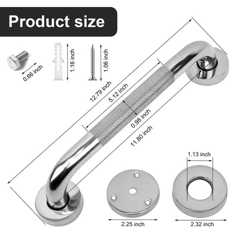 Two Pack 12 Inch Anti Slip Bathroom Grab Bar Set Stainless Steel Shower Handle Knurled Safety Rail with screws and dimensions