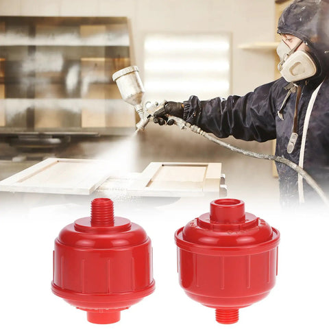 Person using spray gun with 10 Pack Disposable Mini Air Water Trap Filters With 1/4 Inch Threads For Spray Guns, Paint Sprayers, and Air Tools