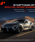 Sporty car in desert setting illustrating symptoms of a bad oil sump gasket like engine overheating, low oil pressure.