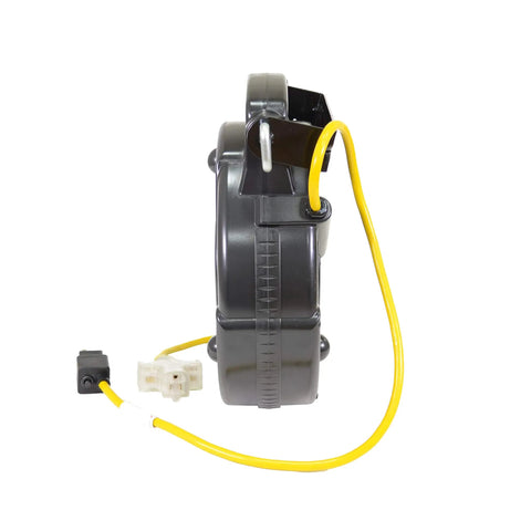 Heavy Duty Retractable Extension Cord Reel With Triple Tap Outlet Seventy Five Foot Site Ready Power Hub featuring yellow cable and black casing.