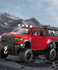 One Thirty Second Scale Die Cast Trucks For Boys Red Mammoth Model Pickup Collectible Toy Kit With Lights And Sounds Pull Back Cars For Kids Aged Four To Seven displayed on rugged terrain.
