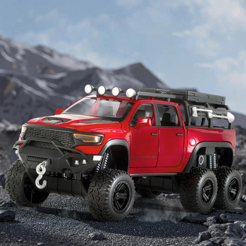 One Thirty Second Scale Die Cast Trucks For Boys Red Mammoth Model Pickup Collectible Toy Kit With Lights And Sounds Pull Back Cars For Kids Aged Four To Seven displayed on rugged terrain.