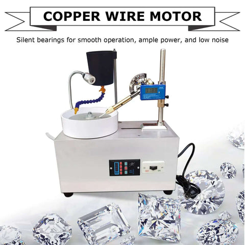 Professional Grade Lapidary Faceting Machine For Jade Crystal And Agate Stone Work Featuring Slick Adjustable RPM Copper Motor on workbench.